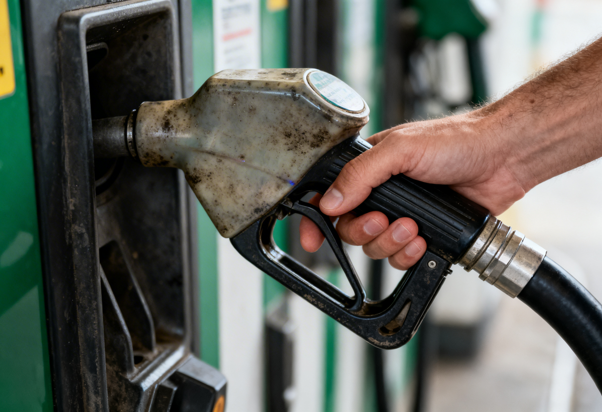 Persona tocando un surtidor de gasolina